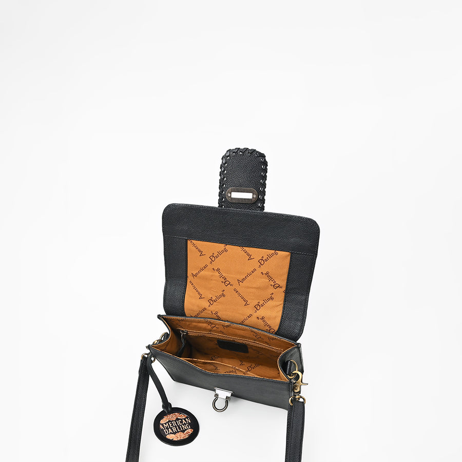 American Darling Western Cross Body Bag Handcrafted from Braided & Tooled Genuine Leather | Floral Carved Accent, Flap Closure & YKK Zipper