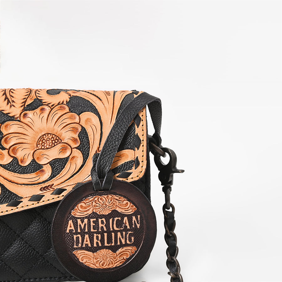 American Darling Small Cross body Bag, Quilted Floral Carved Genuine Leather Western Purse, YKK Zipper