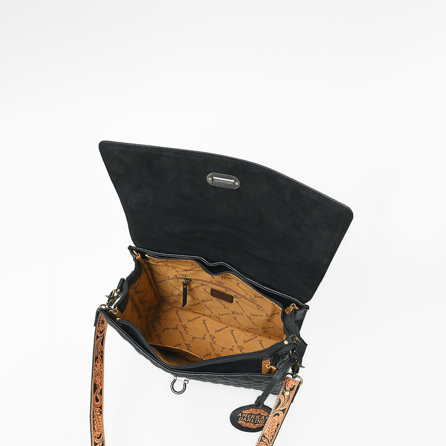 American Darling Hand-Tooled Floral & Quilted Leather Western Messenger Bag