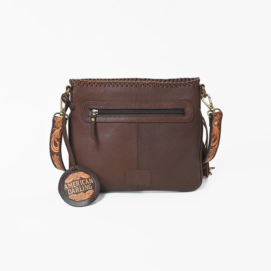 American Darling Women's Leather Hair-On Cowhide Tooled Leather Fringe Crossbody Shoulder Bag