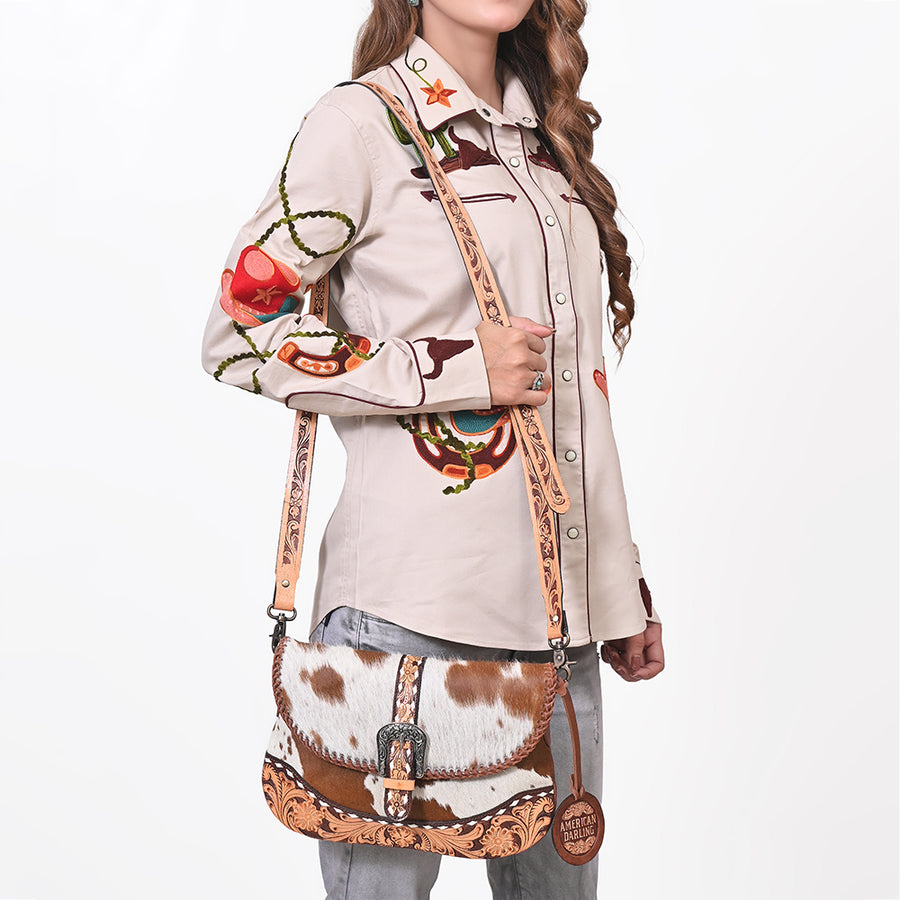 American Darling Small Cross Body Bag Hand Tooled Floral Carved Hair-On Cowhide Genuine Leather Western Purse