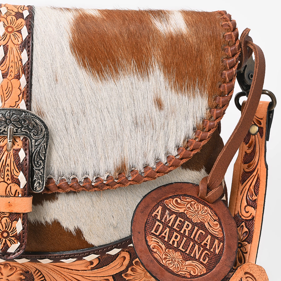 American Darling Small Cross Body Bag Hand Tooled Floral Carved Hair-On Cowhide Genuine Leather Western Purse