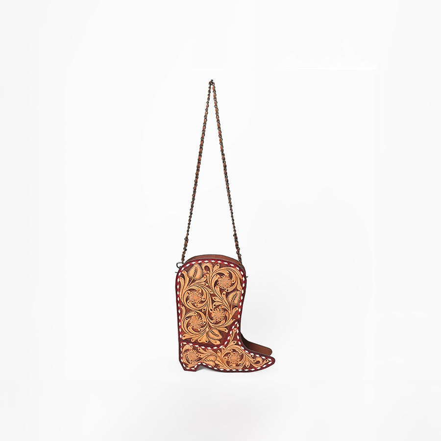 American Darling Cross body Bag Western Hand-Tooled Floral Shoe Shape Genuine Leather Purse with Buck Stitching