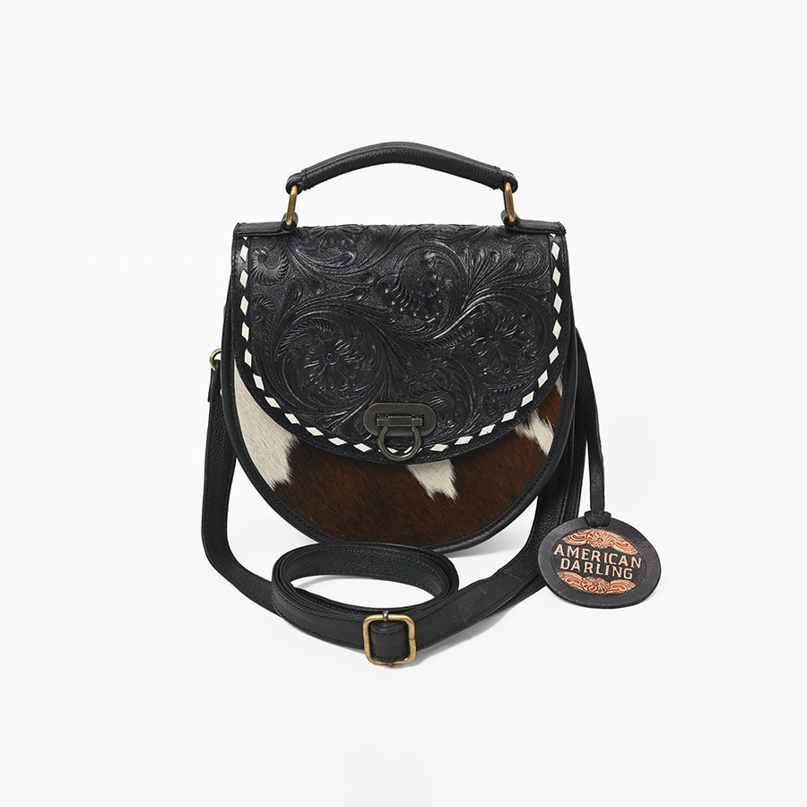 American Darling Women's Genuine Leather Hair-On Cowhide Tooled Leather Mini Crossbody