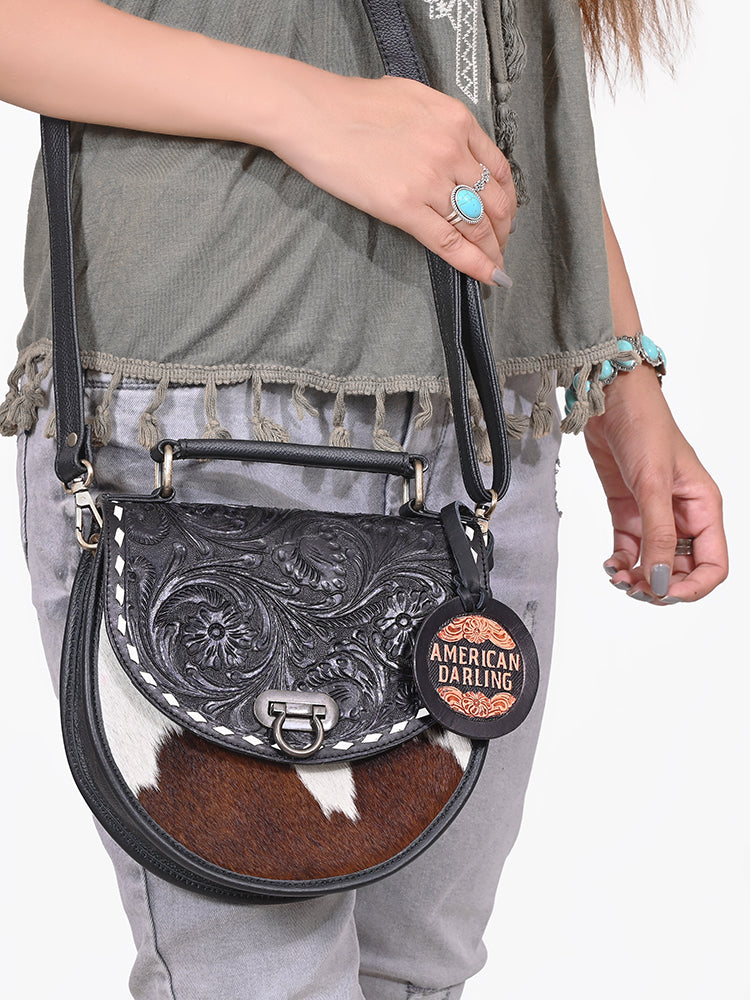 American Darling Women's Genuine Leather Hair-On Cowhide Tooled Leather Mini Crossbody
