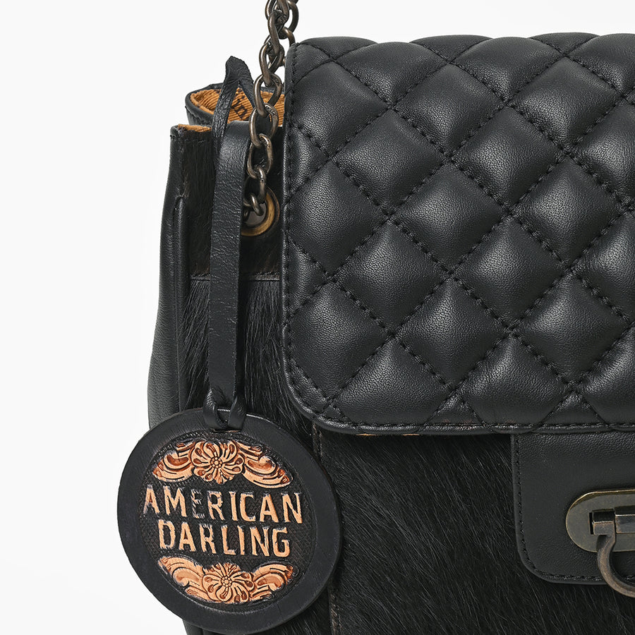 American Darling Women's Premium Black Quilted Leather Hair-On CowhideCrossbody Shoulder Handbag