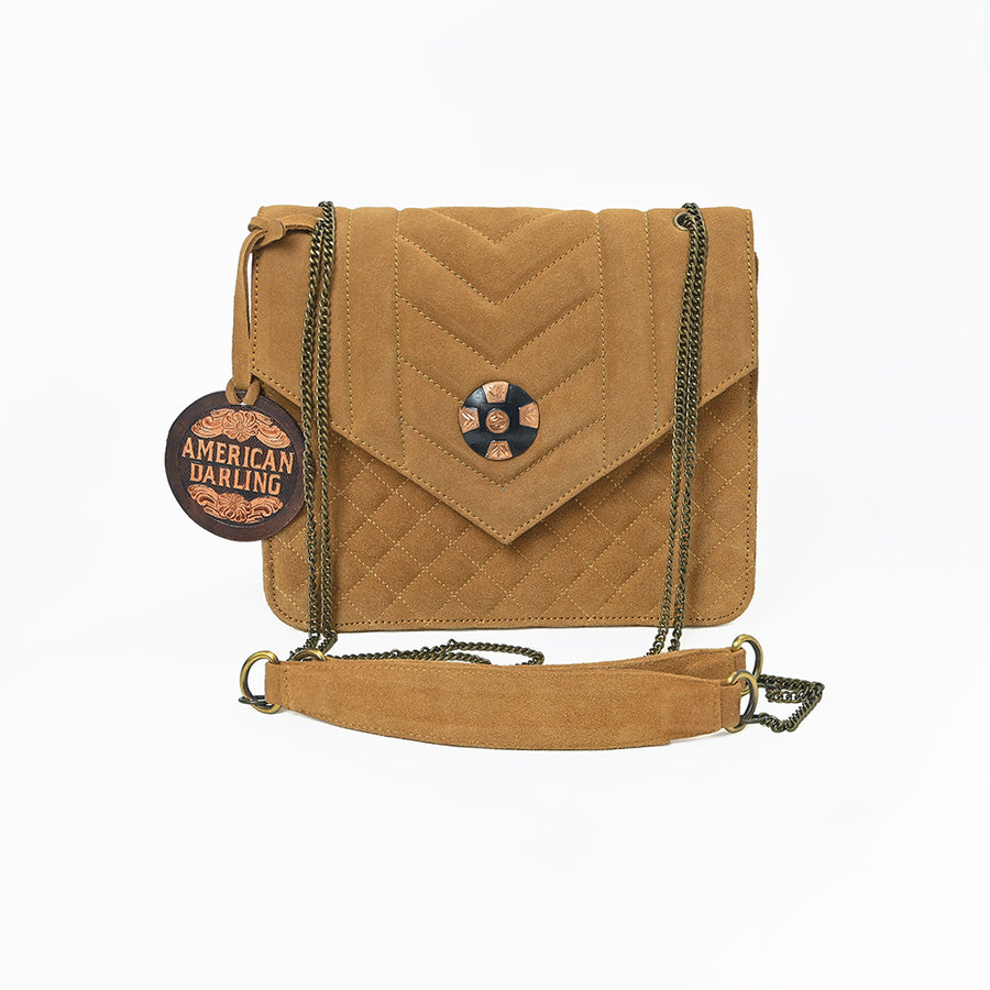 American Darling Western Suede Crossbody Bag for Women – Quilted Tan Leather Purse with Chain Strap