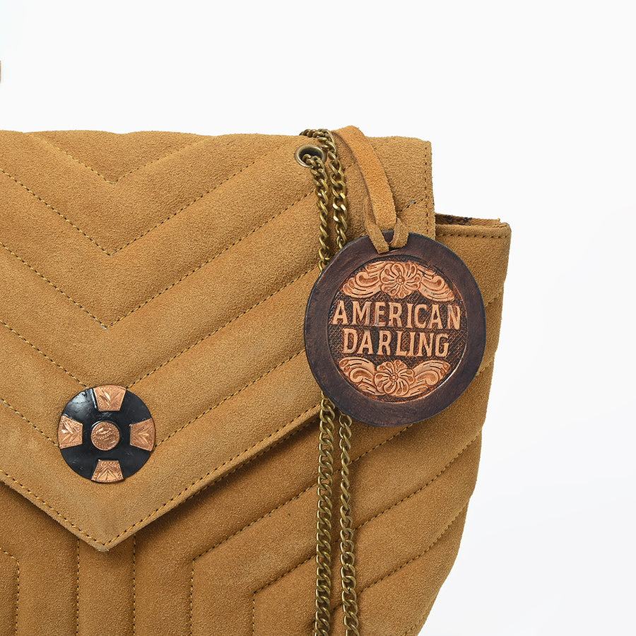 American Darling Western Suede Crossbody Bag for Women – Quilted Tan Leather Purse with Chain Strap