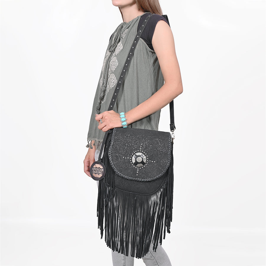 American Darling Western Embossed Leather Fringe Crossbody Bag with Studded Strap & Concho Detail
