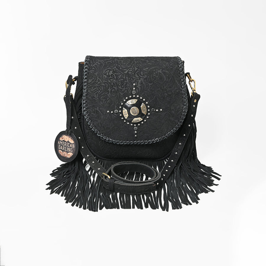 American Darling Western Embossed Leather Fringe Crossbody Bag with Studded Strap & Concho Detail