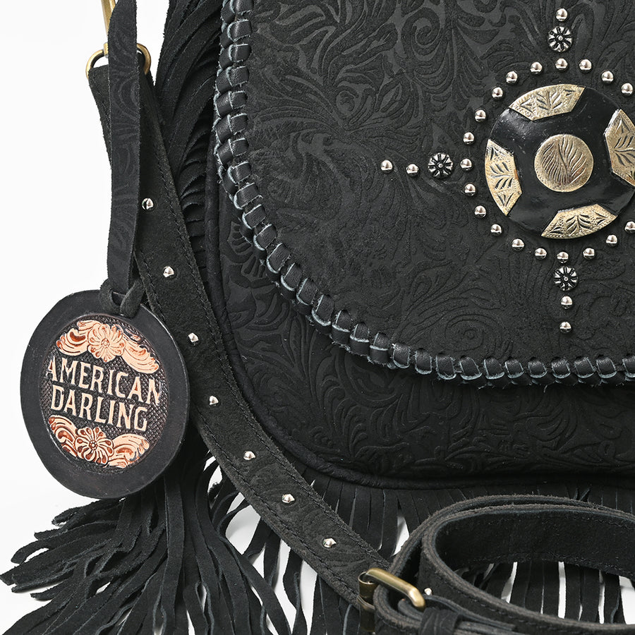American Darling Western Embossed Leather Fringe Crossbody Bag with Studded Strap & Concho Detail