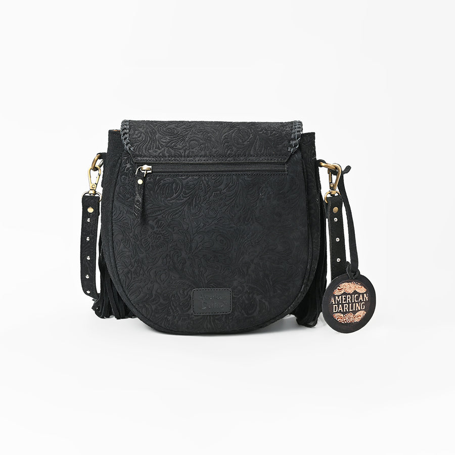 American Darling Western Embossed Leather Fringe Crossbody Bag with Studded Strap & Concho Detail