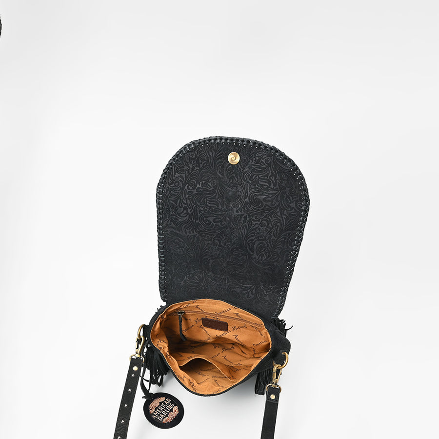 American Darling Western Embossed Leather Fringe Crossbody Bag with Studded Strap & Concho Detail