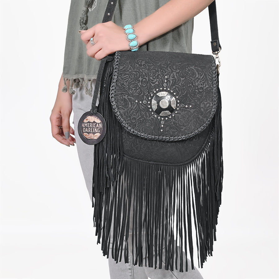 American Darling Western Embossed Leather Fringe Crossbody Bag with Studded Strap & Concho Detail