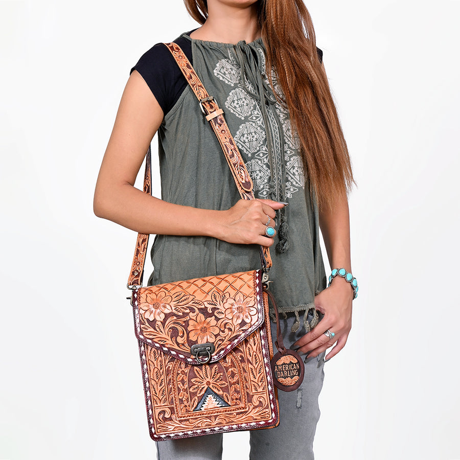 American Darling Western CrossBody Bag Genuine Leather Hand-Tooled Floral Design Purse