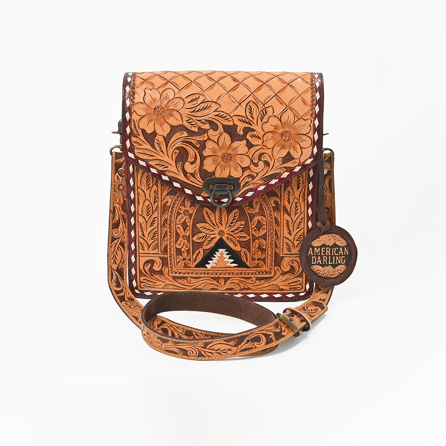 American Darling Western CrossBody Bag Genuine Leather Hand-Tooled Floral Design Purse