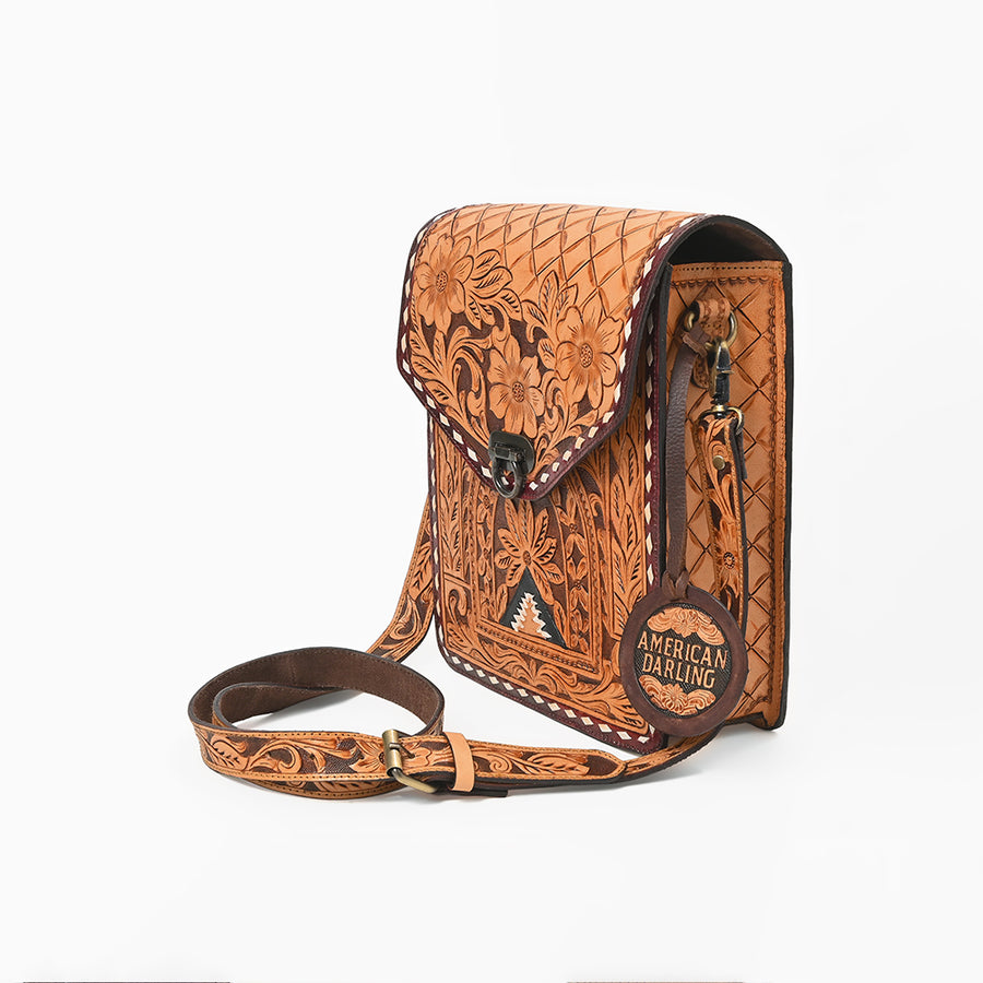 American Darling Western CrossBody Bag Genuine Leather Hand-Tooled Floral Design Purse
