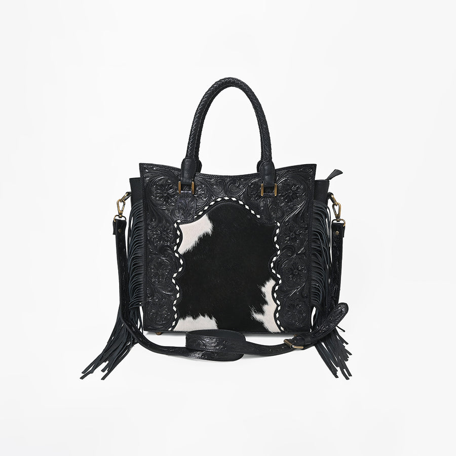 American Darling Premium Western Tooled Leather Hair-On Tote Bag with Fringe