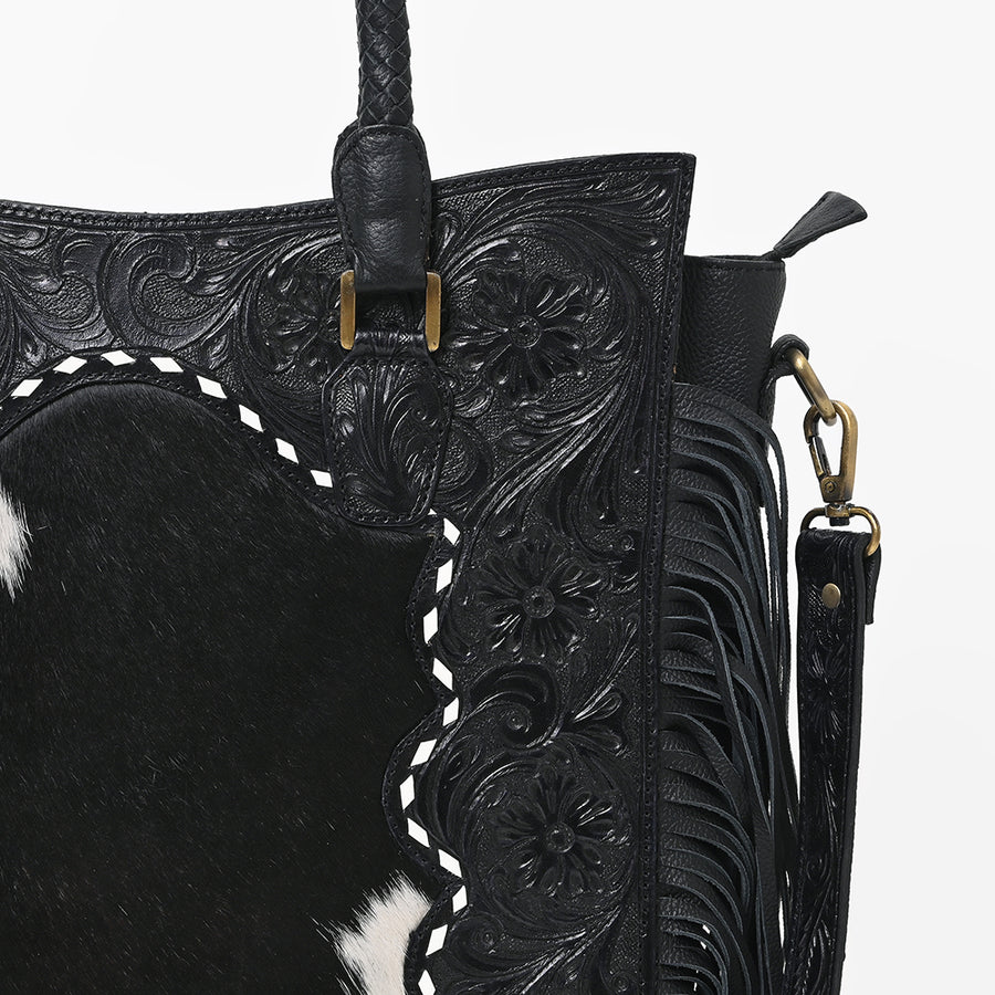 American Darling Premium Western Tooled Leather Hair-On Tote Bag with Fringe