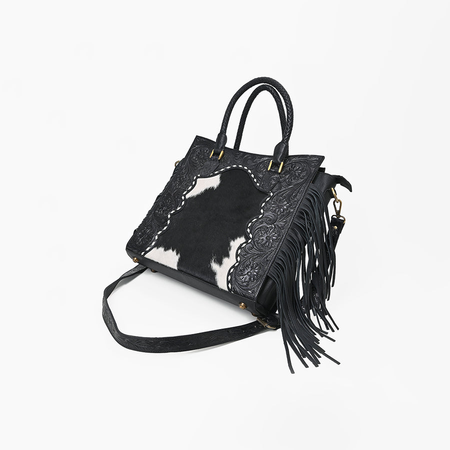 American Darling Premium Western Tooled Leather Hair-On Tote Bag with Fringe