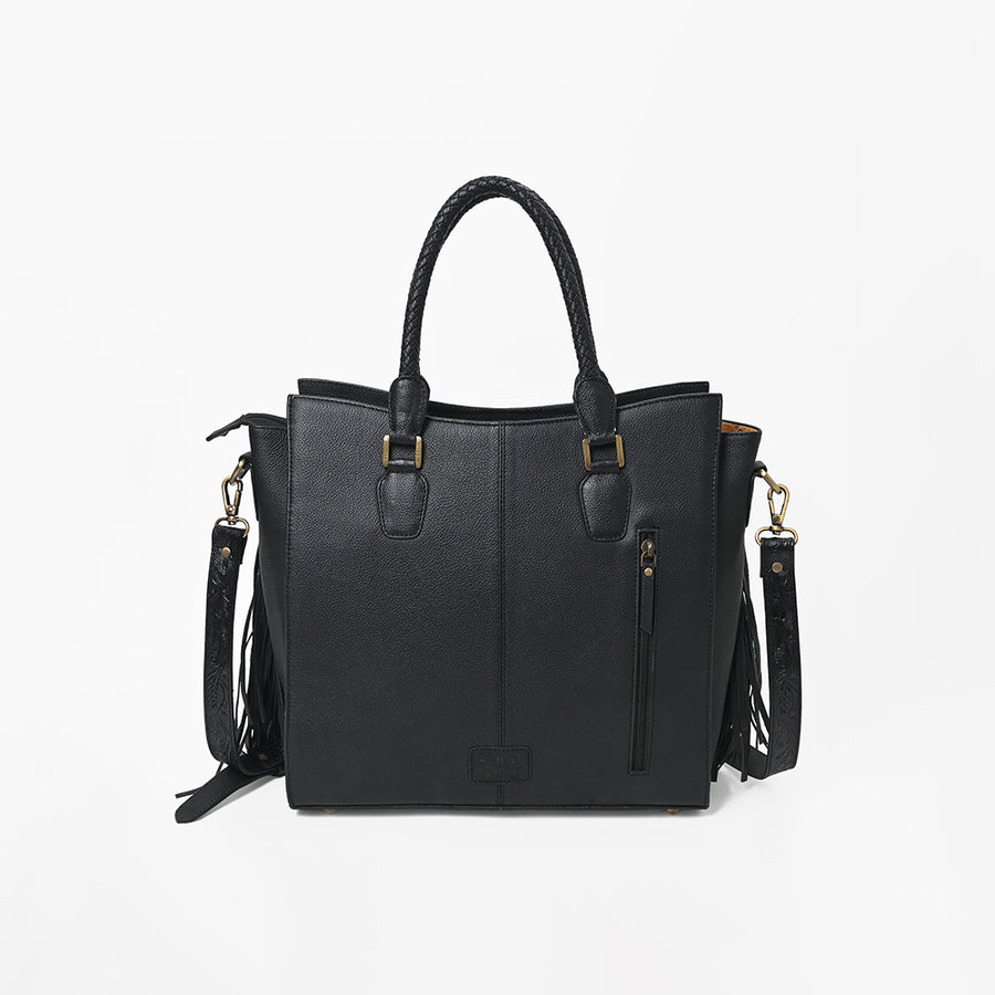 American Darling Premium Western Tooled Leather Hair-On Tote Bag with Fringe