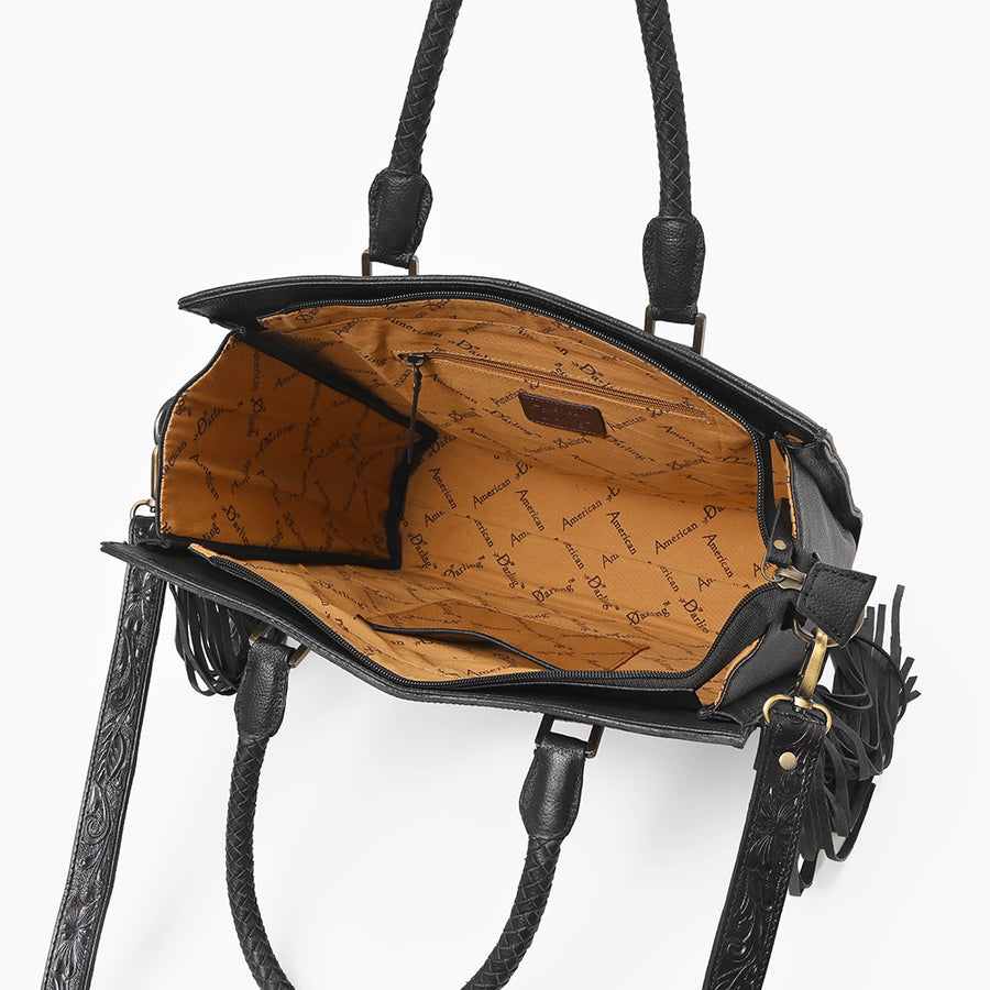 American Darling Premium Western Tooled Leather Hair-On Tote Bag with Fringe