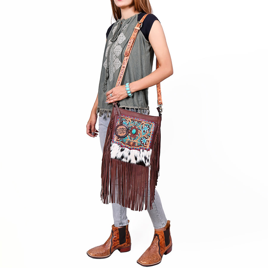 American Darling Western CrossBody Bag Genuine Leather Hand-Tooled Floral Design Purse