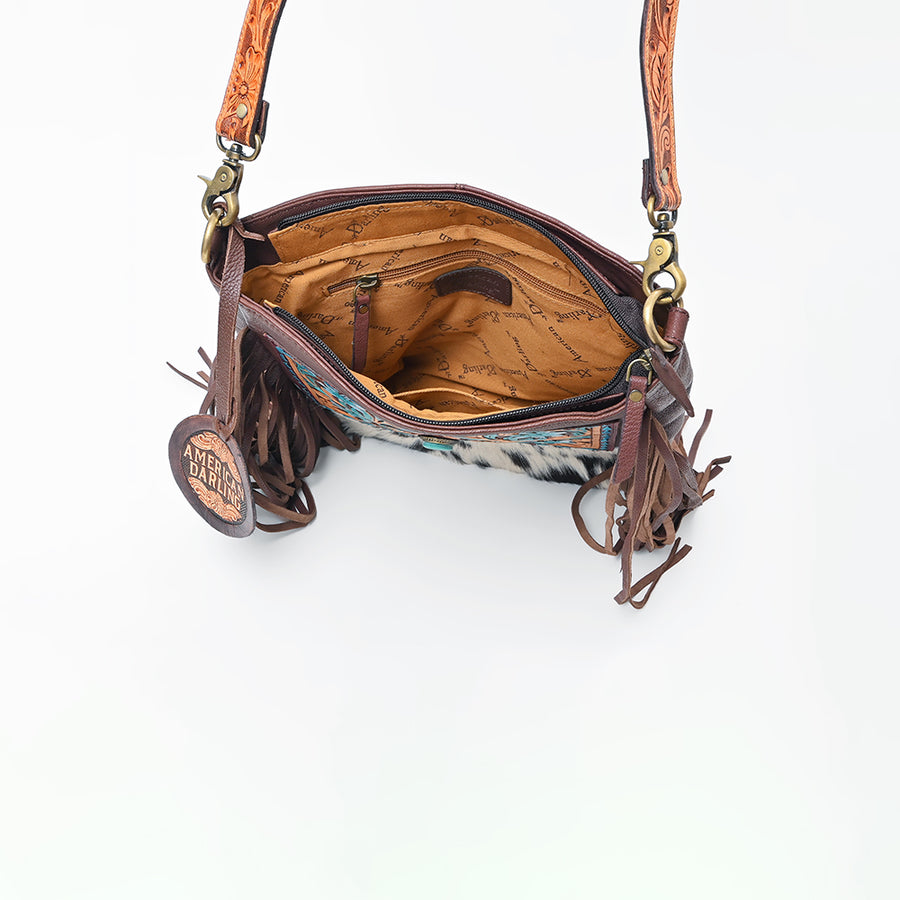American Darling Western CrossBody Bag Genuine Leather Hand-Tooled Floral Design Purse