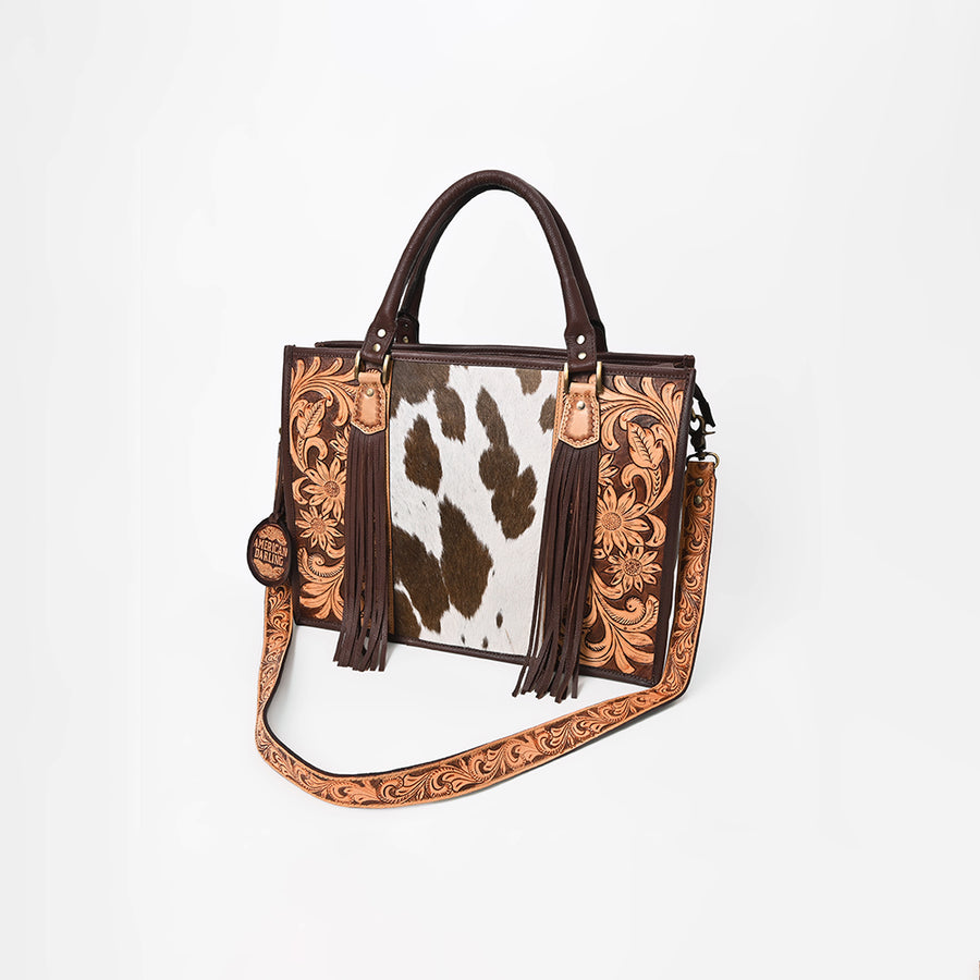 American Darling Western Leather Tote Bag - Hand Tooled Floral with Hair on Cowhide - Uhorse