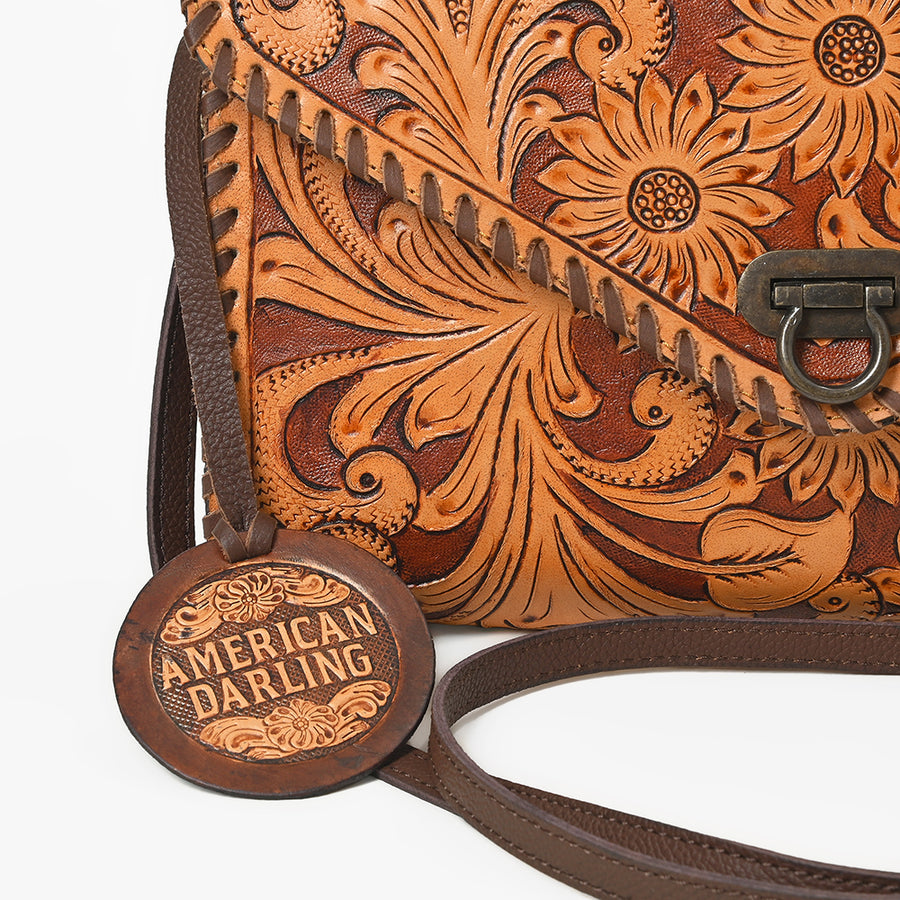 American Darling Envelope Bag Handcrafted from Hand Tooled Floral Carved Genuine Leather with YKK Zipper and Large Capacity