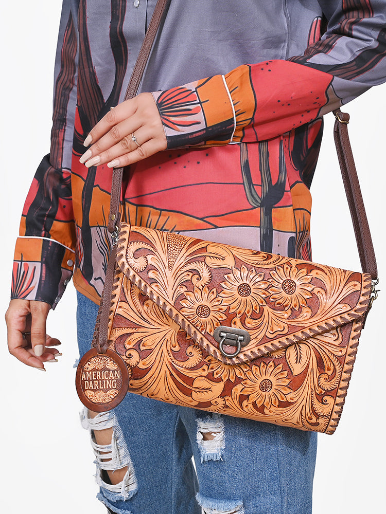 American Darling Envelope Bag Handcrafted from Hand Tooled Floral Carved Genuine Leather with YKK Zipper and Large Capacity