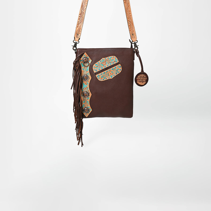 American Darling Chaps Bag Handcrafted from Hand Tooled Floral Leather with Buck stitched Detail, Conchos, and YKK Zipper
