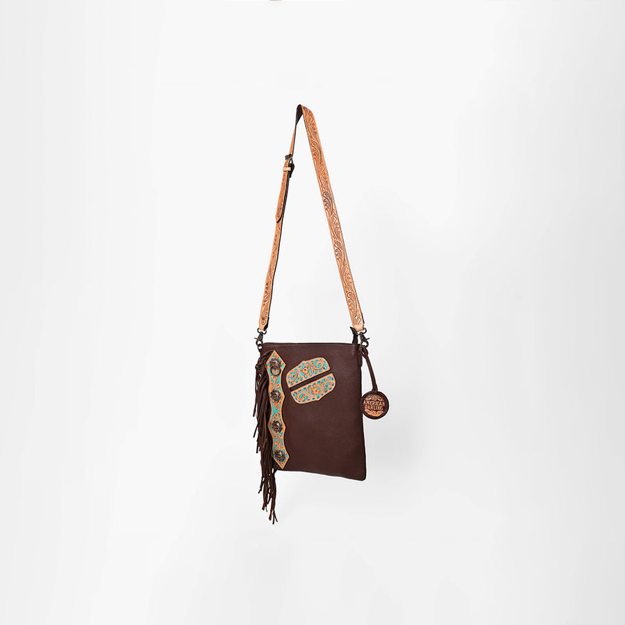 American Darling Chaps Bag Handcrafted from Hand Tooled Floral Leather with Buck stitched Detail, Conchos, and YKK Zipper