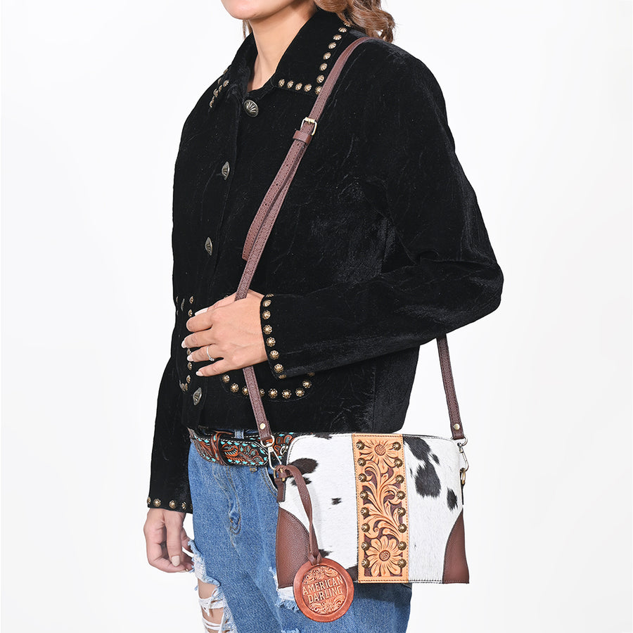 American Darling Cross body Bag Hand Tooled Floral Carved Cowhide Genuine Leather Western Purse with Rivets and YKK Zipper