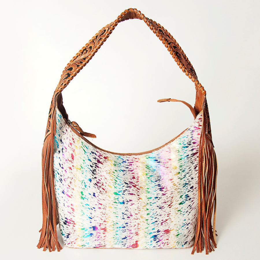 American Darling Hobo Bag for Women, Hand Tooled Floral Leather & Hair-On Cowhide Western Purse with Fringes & YKK Zipper