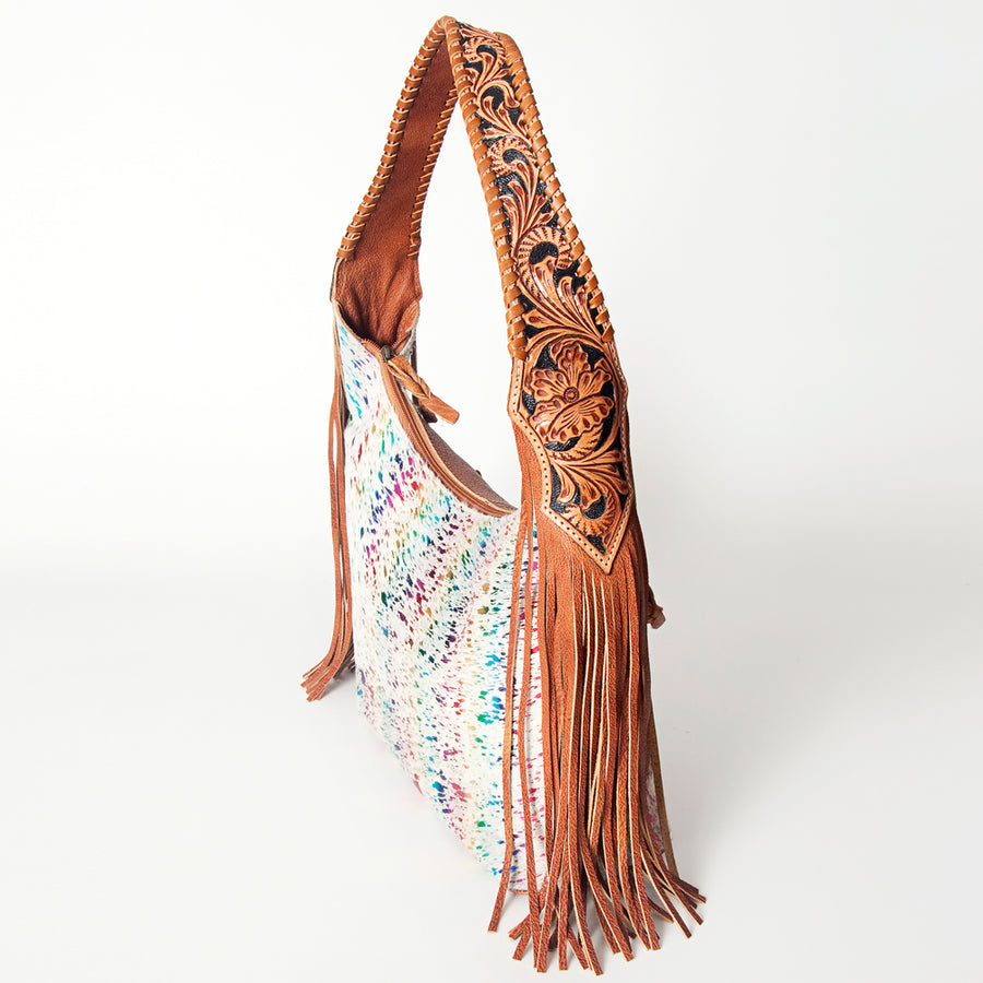 American Darling Hobo Bag for Women, Hand Tooled Floral Leather & Hair-On Cowhide Western Purse with Fringes & YKK Zipper
