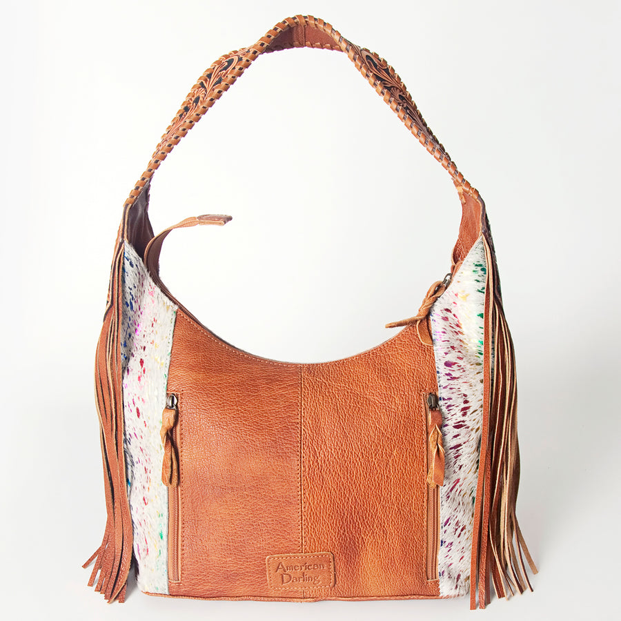 American Darling Hobo Bag for Women, Hand Tooled Floral Leather & Hair-On Cowhide Western Purse with Fringes & YKK Zipper