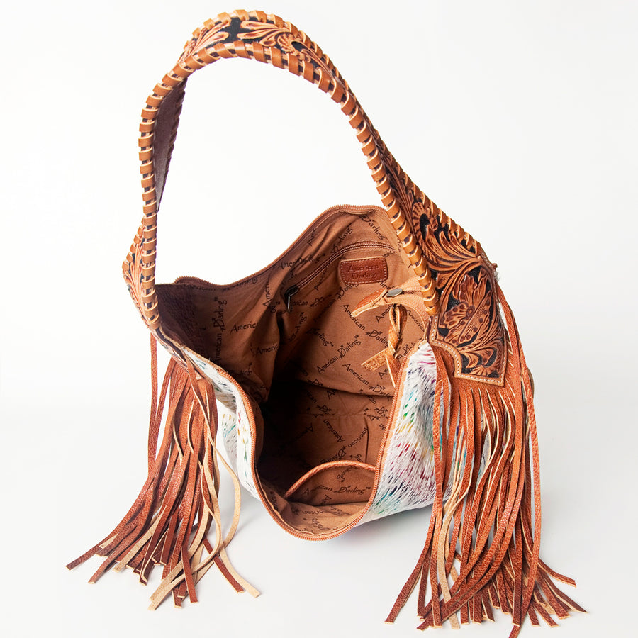 American Darling Hobo Bag for Women, Hand Tooled Floral Leather & Hair-On Cowhide Western Purse with Fringes & YKK Zipper