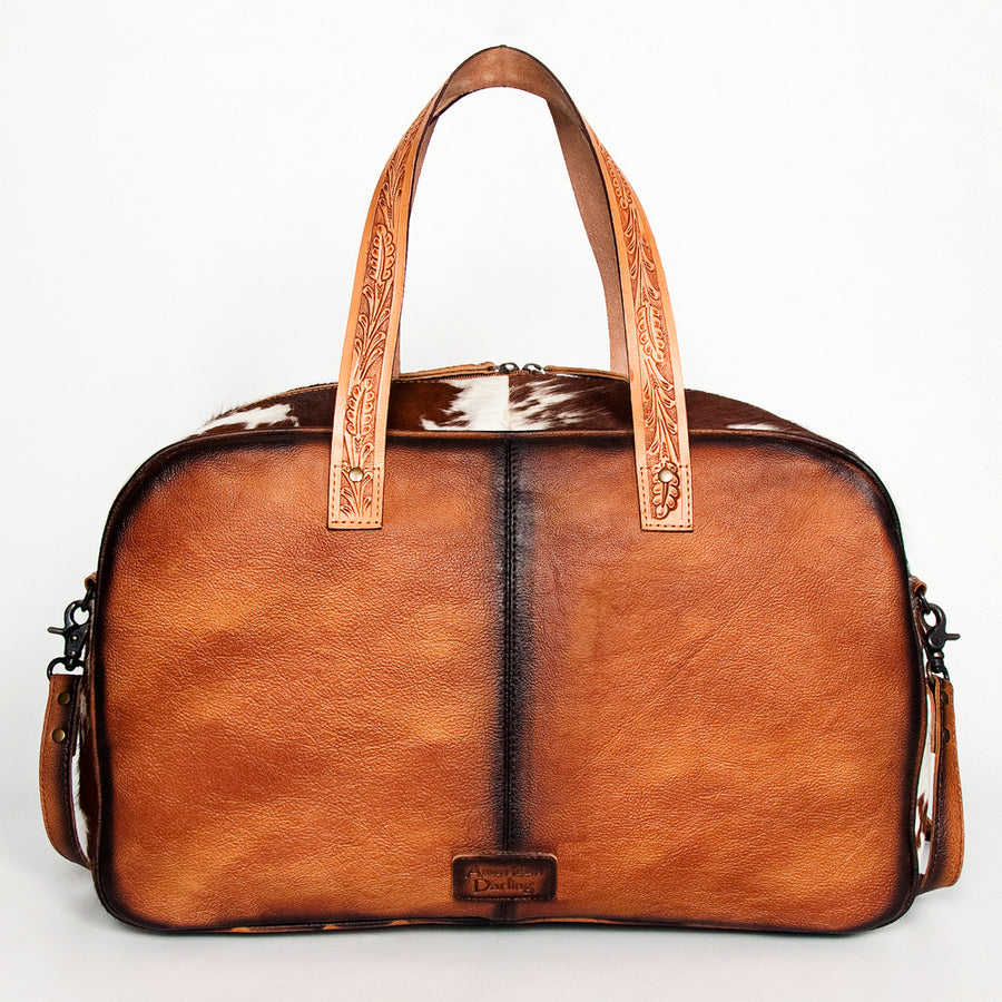 American Darling Duffel Bag, Hand Tooled Floral Leather & Woven Saddle Blanket, Genuine Leather Travel Weekender with Cowhide