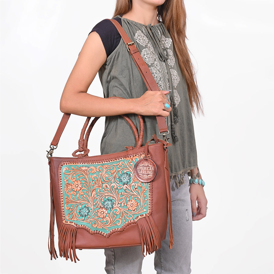 American Darling Hand-Tooled Leather Crossbody Bag for Women, Cowhide Hair-on Shoulder Purse
