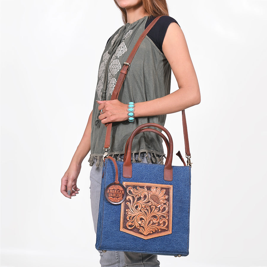 American Darling Luxury Genuine Cowhide Tote Bag for Women, Hand-Tooled Leather Shoulder Bag