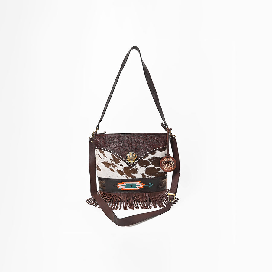 American Darling Women's Genuine Leather Hair-On Cowhide Fringe Crossbody