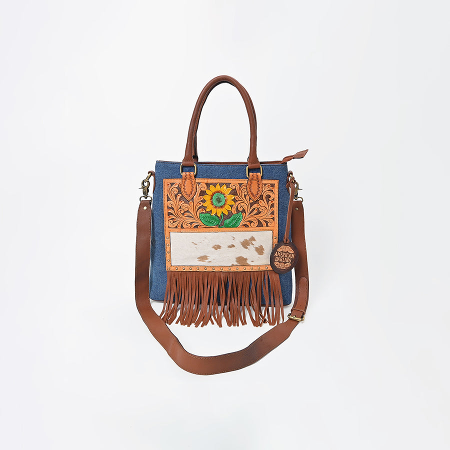 American Darling Women's Western Tote Bag with Sunflower Tooling Patch Hair-On Hide Fringe and Adjustable Strap