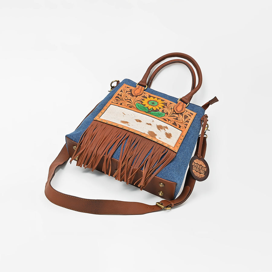 American Darling Women's Western Tote Bag with Sunflower Tooling Patch Hair-On Hide Fringe and Adjustable Strap