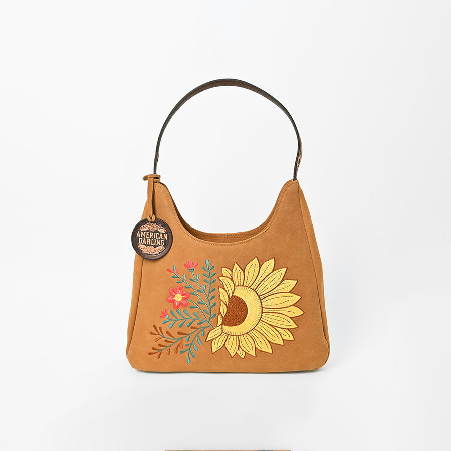 American Darling Women's Genuine Suede Leather Sunflower Embroidered Shoulder Hobo Handbag Tan Boutique Fashion Purse