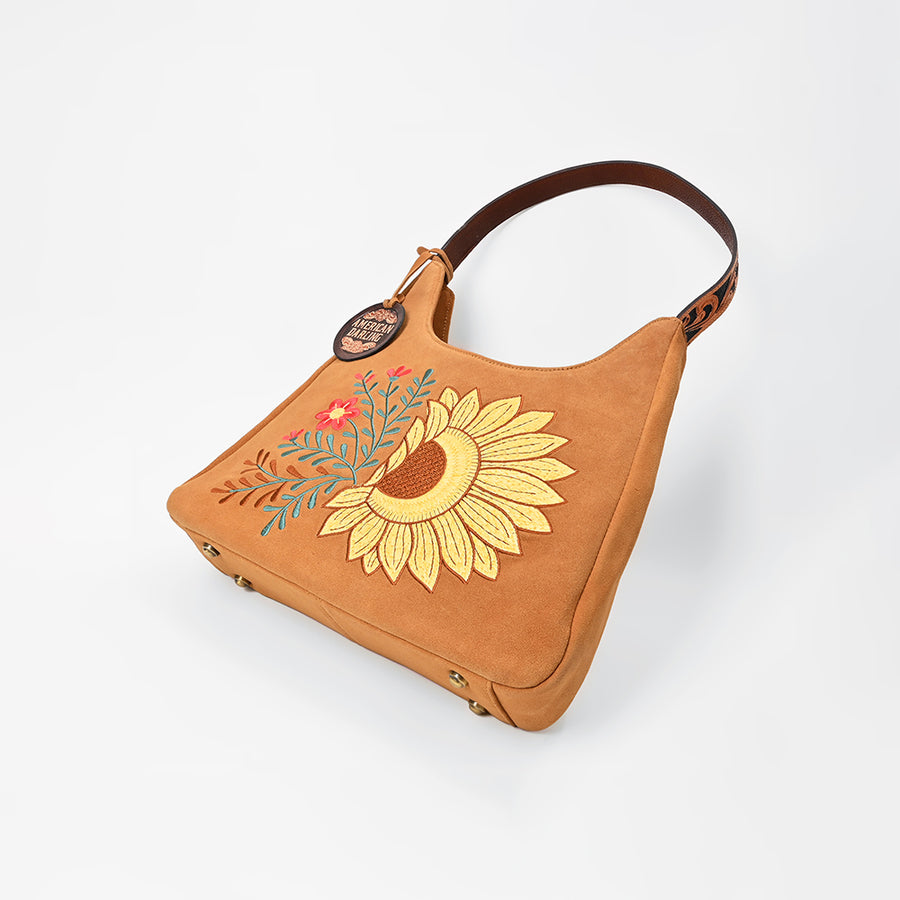American Darling Women's Genuine Suede Leather Sunflower Embroidered Shoulder Hobo Handbag Tan Boutique Fashion Purse
