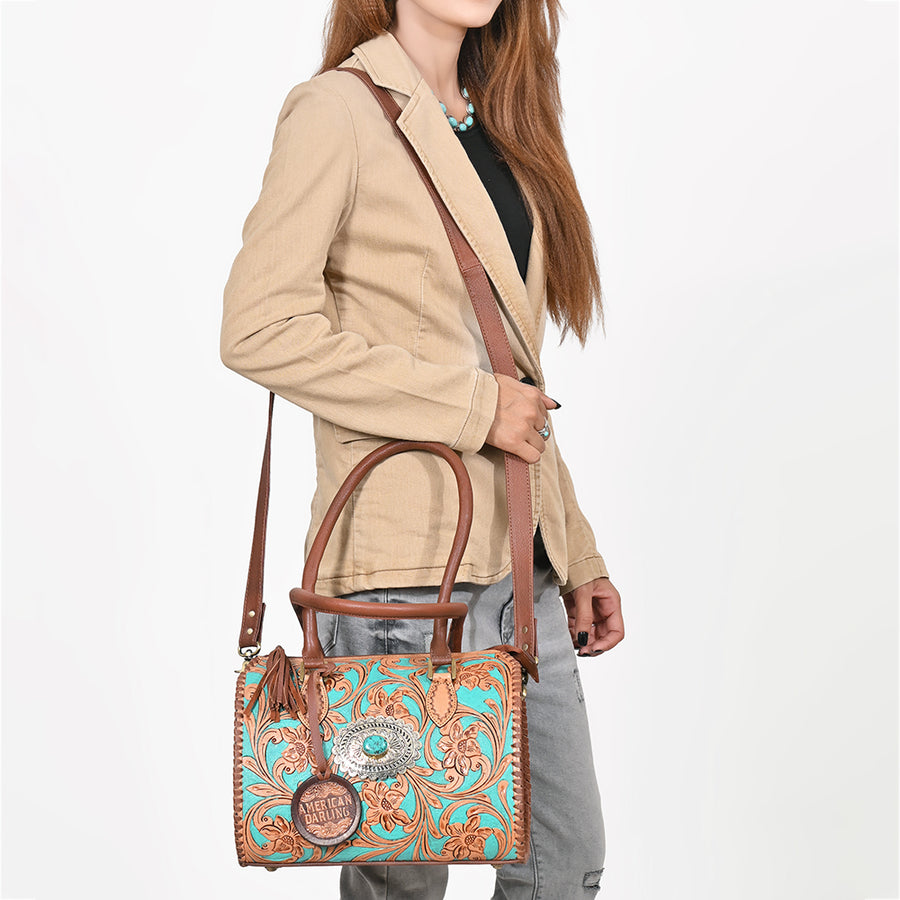 American Darling Hand-Tooled Leather Barrel Speedy Bag – Classic Western Floral Design