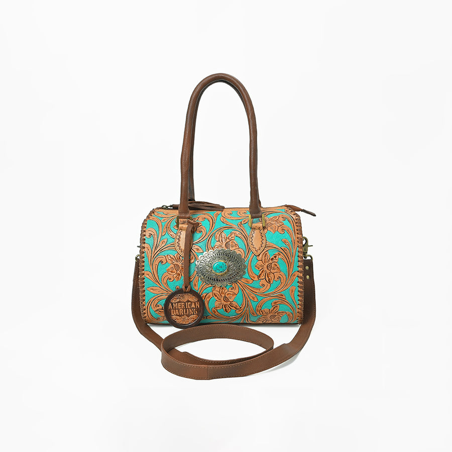 American Darling Hand-Tooled Leather Barrel Speedy Bag – Classic Western Floral Design