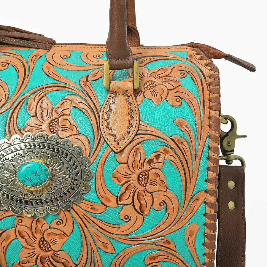 American Darling Hand-Tooled Leather Barrel Speedy Bag – Classic Western Floral Design