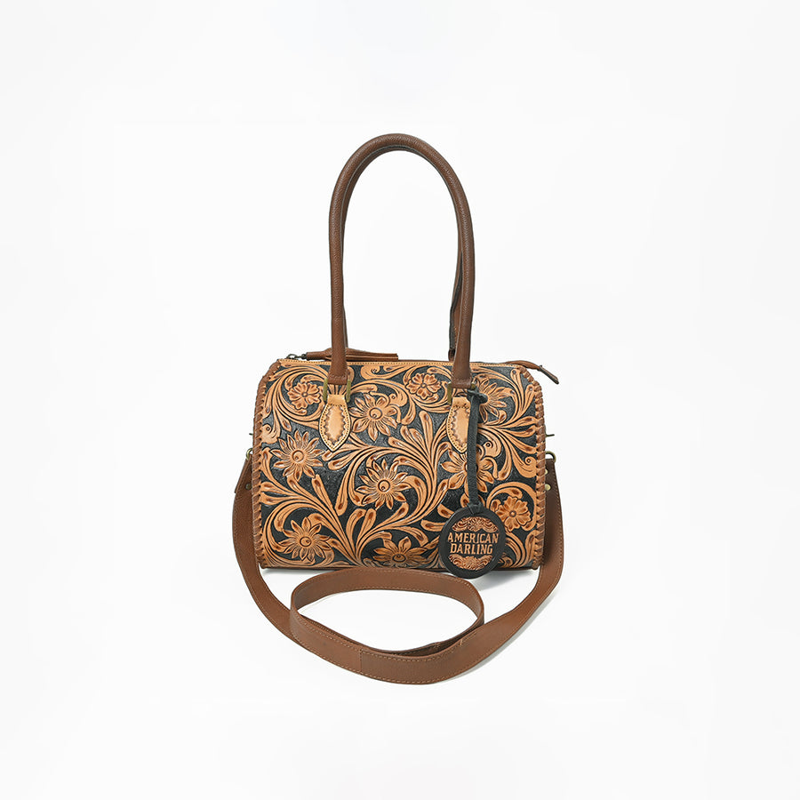 American Darling Hand-Tooled Leather Barrel Speedy Bag – Classic Western Floral Design